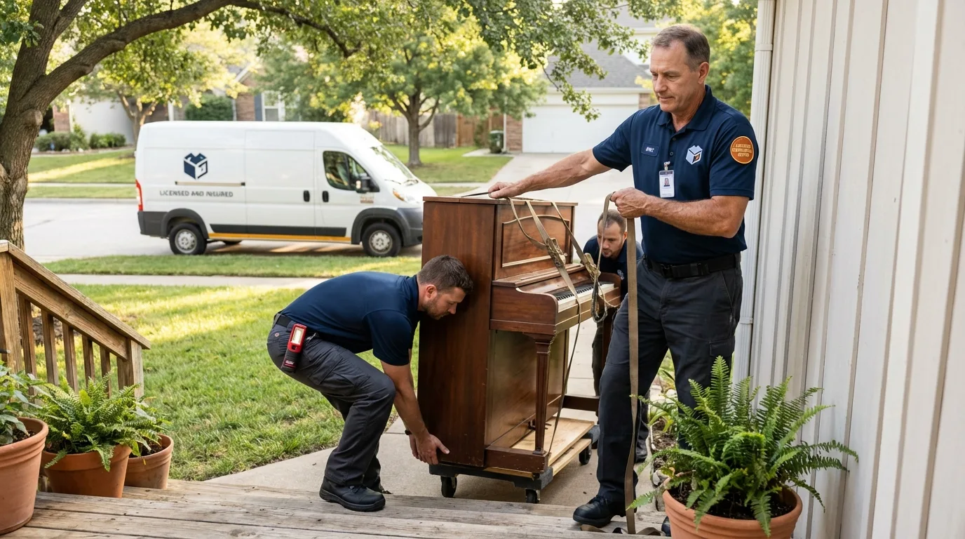 Licensed piano movers securing grand piano in Knob Noster, MO