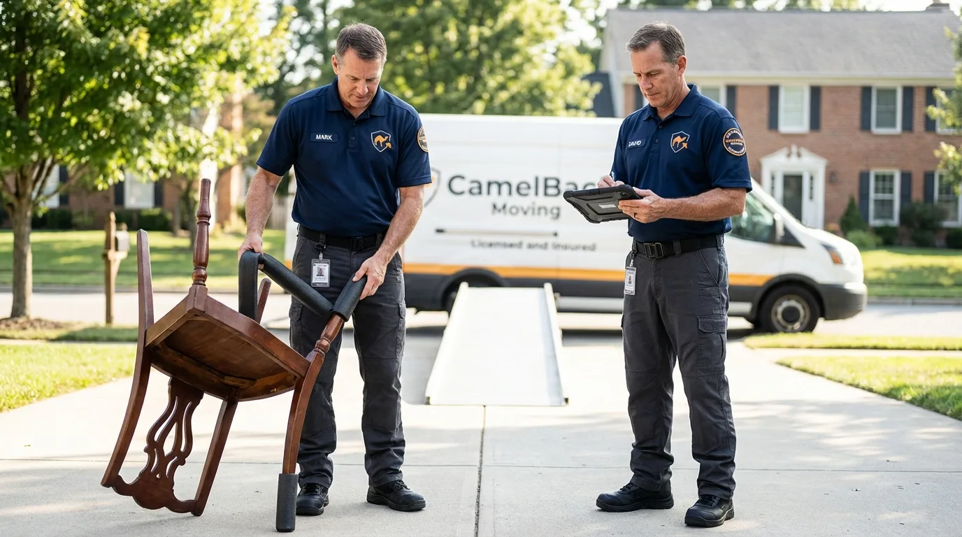 Movers inspecting furniture for damage prevention before loading in Knob Noster, MO