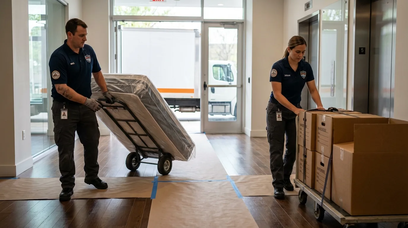 Professional apartment movers loading elevator in Knob Noster, MO